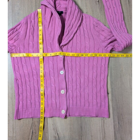 Chaps Size L Cardigan Shawl Collar Cotton Sweater Cable Knit Pink Old Money Chic - Picture 7 of 8